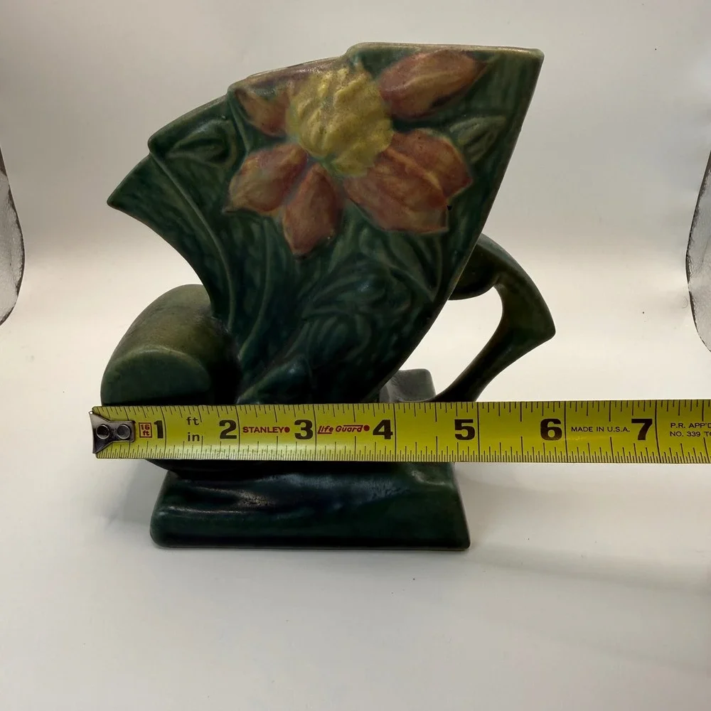 Roseville Pottery Clematis Green Cornucopia Vintage Mid Century Art Deco